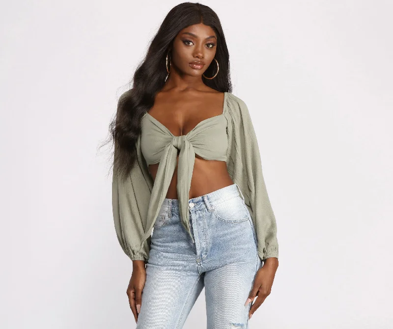 Long Sleeve Gauze Tie Front Crop Top