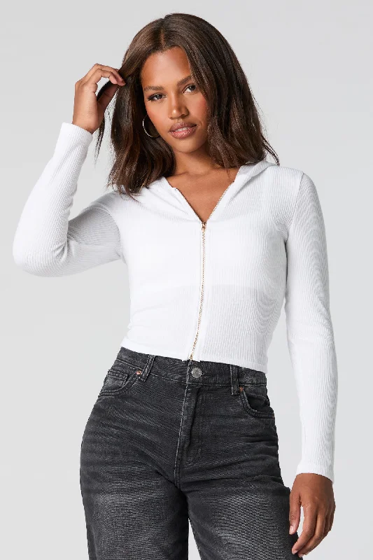 Ribbed Zip-Up Cropped Hoodie