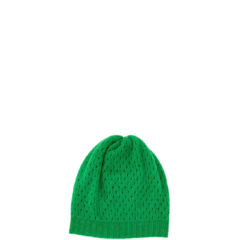 CASHMERE BEANIE WITH HOLE PATTERN IN FLASH GREEN