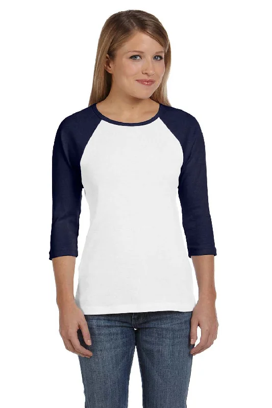 Bella + Canvas Womens 3/4 Sleeve Crewneck T-Shirt - White/Navy Blue